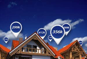 Real Estate Market Blue Price Tags Above Properties. House Prices. 3D Abstract Illustration.